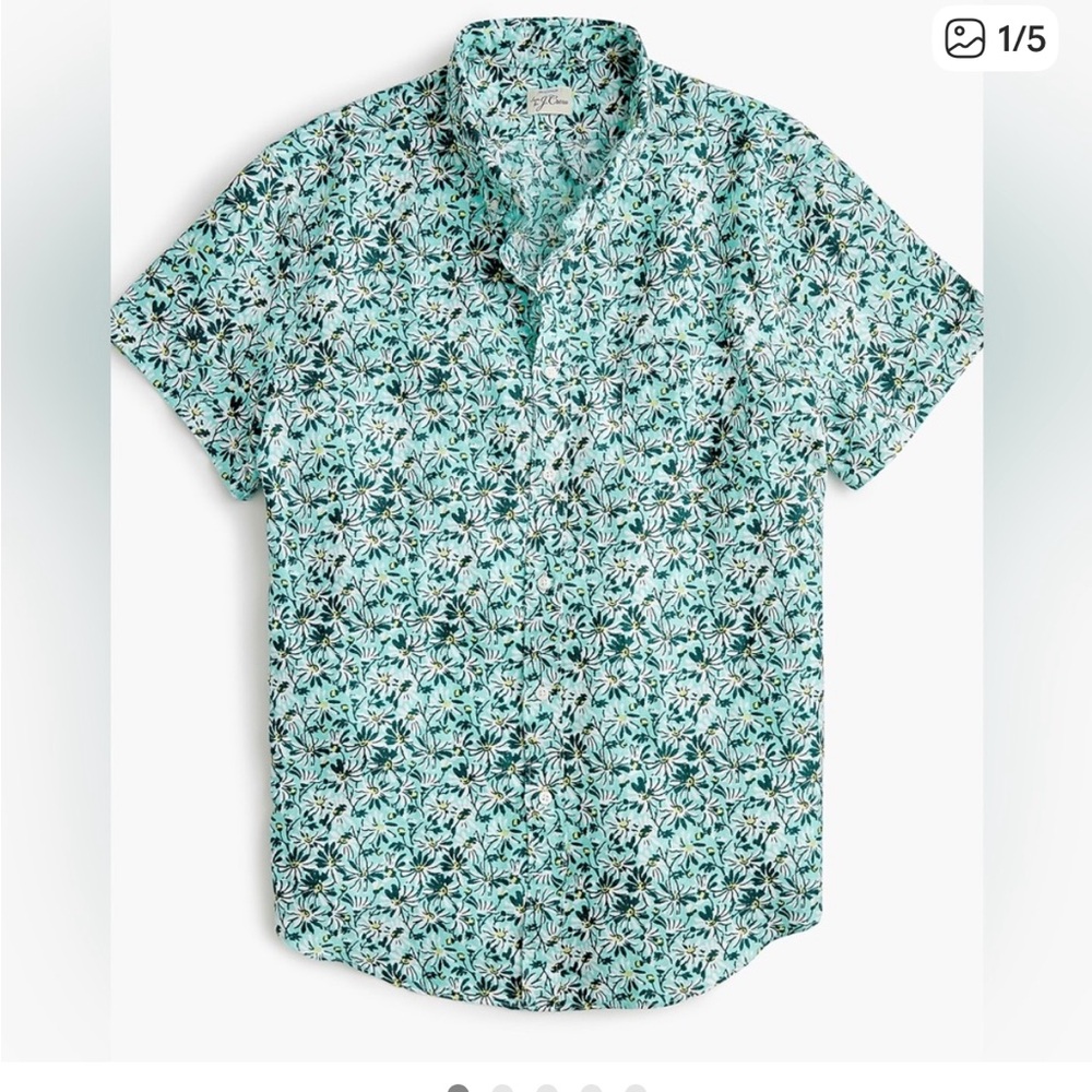 J crew aqua floral Short-sleeve linen shirt